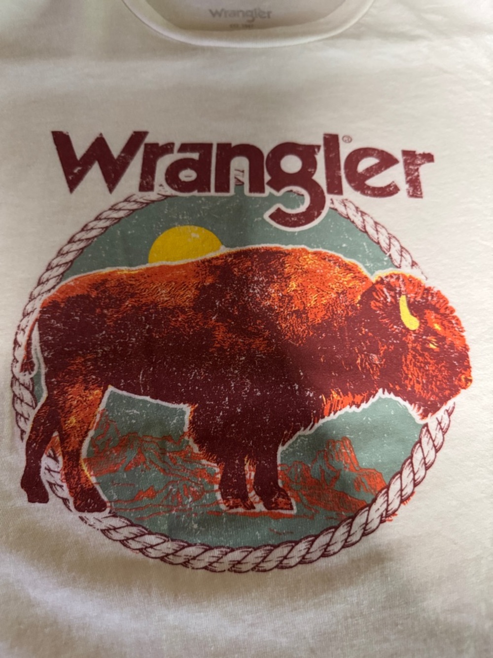 Wrangler White Tee with Rust Buffalo and Teal Circle